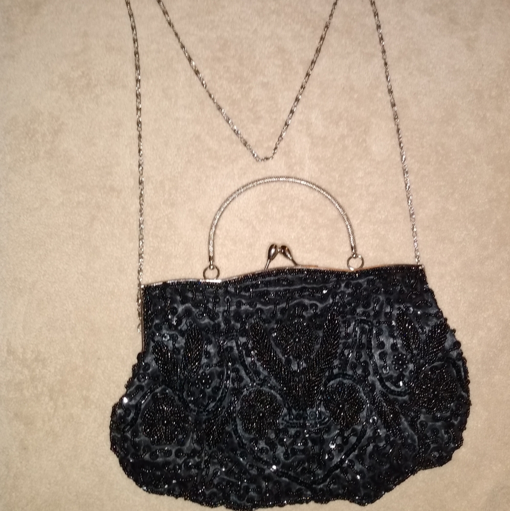 Black Beaded Sequin Flower Evening Clutch